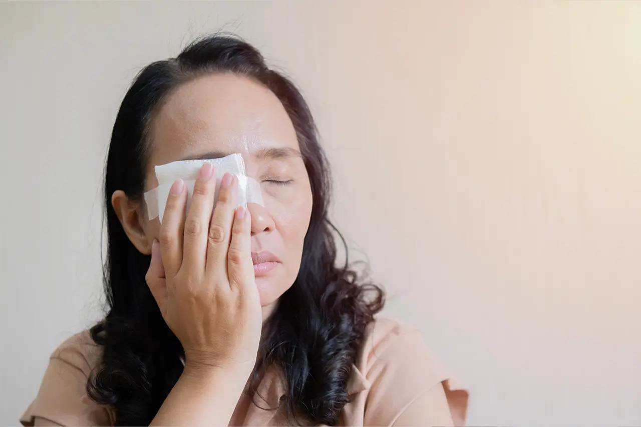 A woman managing eye irritation at home as part of a glaucoma care routine