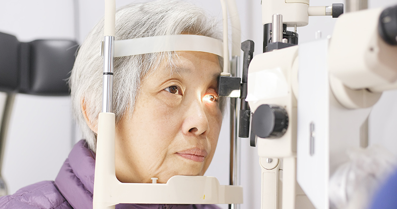 Patient undergoing an eye examination for glaucoma.